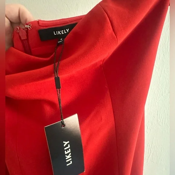 Likely Sunset Gown Drape Sleeve Ruffled Hem in Scarlet Red Sz 6 - Picture 7 of 9
